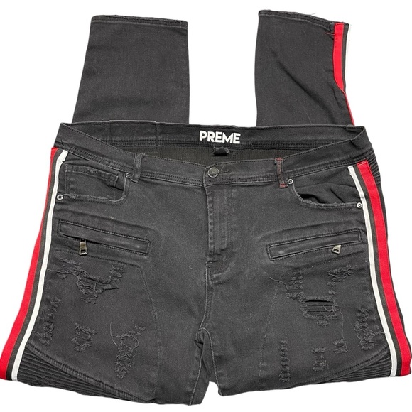 Preme Men’s Black 42x34 Devotion Moto Distressed Skinny Jean Red White Stripes - Picture 7 of 13